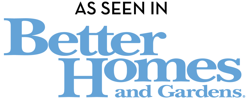 Text logo with black text at the top reading "AS SEEN IN" and large blue text below reading "Better Homes and Gardens.